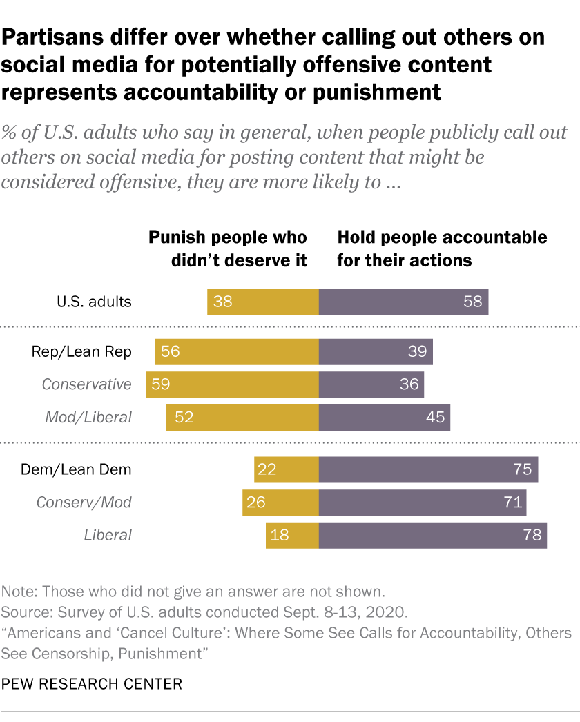 Partisans differ over whether calling out others on social media for potentially offensive content represents accountability or punishment