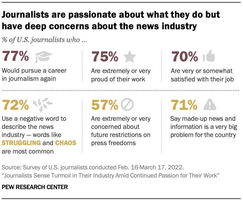 A graphic showing that Journalists are passionate about what they do but have deep concerns about the news industry